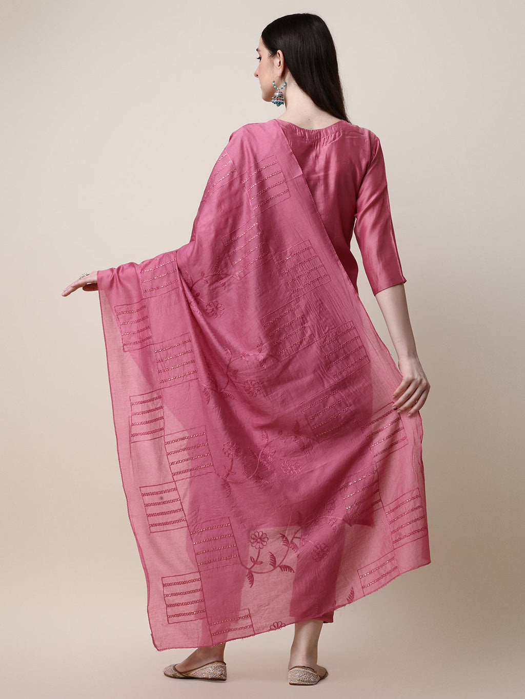 Embroidered Pink Kurta With Pant And Dupatta Set, Multicolor - Hiral Fashion | Grocsy