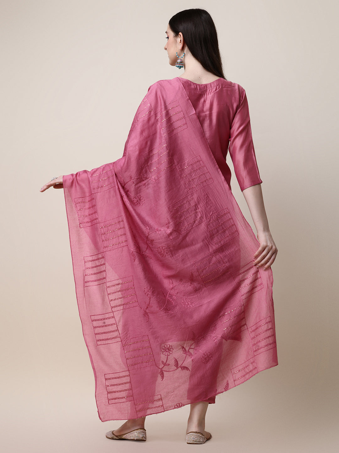 Embroidered Pink Kurta With Pant And Dupatta Set, Multicolor - Hiral Fashion | Grocsy