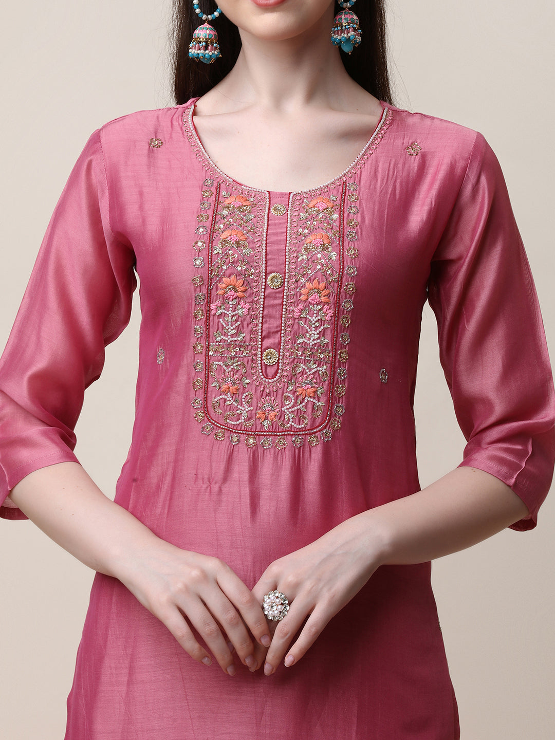 Embroidered Pink Kurta With Pant And Dupatta Set, Multicolor - Hiral Fashion | Grocsy