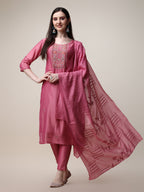 Embroidered Pink Kurta With Pant And Dupatta Set, Multicolor - Hiral Fashion | Grocsy