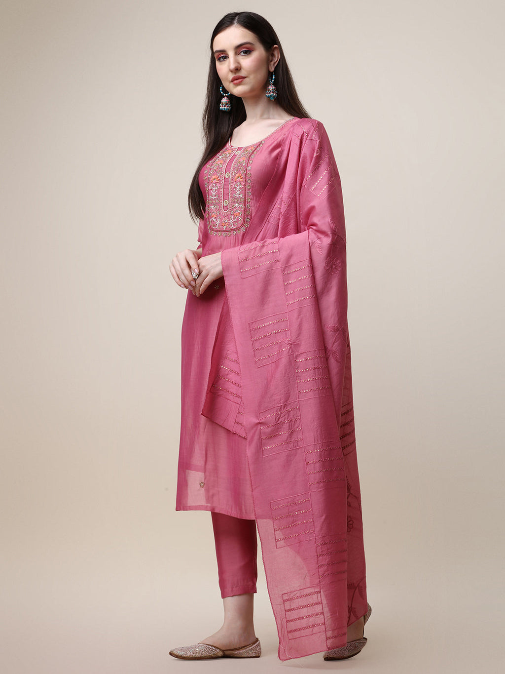 Embroidered Pink Kurta With Pant And Dupatta Set, Multicolor - Hiral Fashion | Grocsy