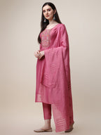 Embroidered Pink Kurta With Pant And Dupatta Set, Multicolor - Hiral Fashion | Grocsy