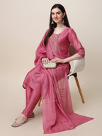 Embroidered Pink Kurta With Pant And Dupatta Set, Multicolor - Hiral Fashion | Grocsy
