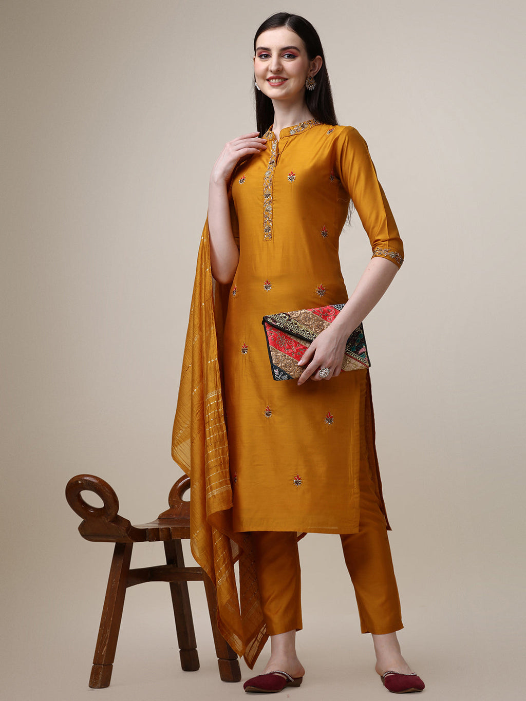 Embroidered Mandarin Collar Kurta With Pant And Dupatta Set, Multicolor - Hiral Fashion | Grocsy
