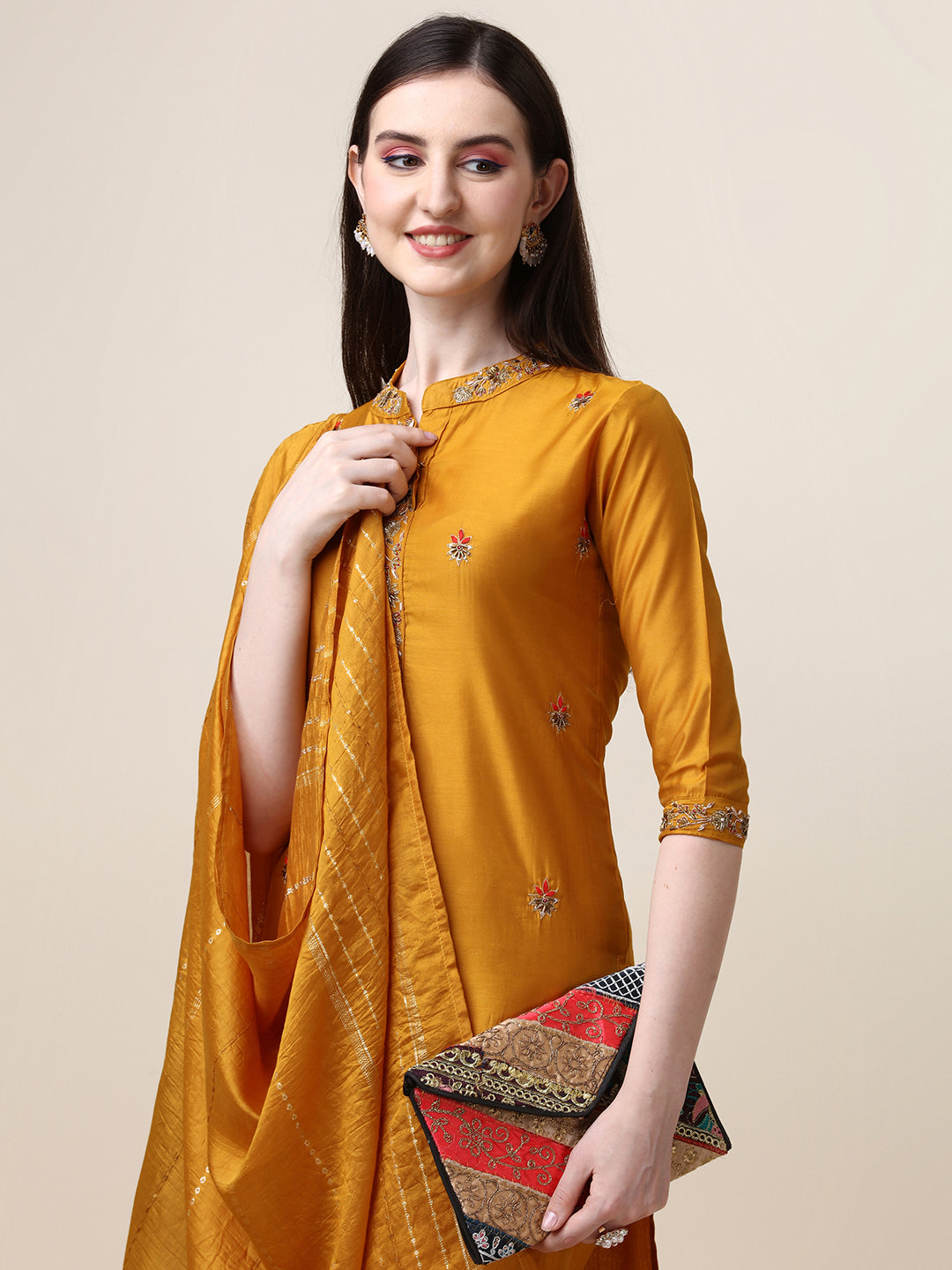 Embroidered Mandarin Collar Kurta With Pant And Dupatta Set, Multicolor - Hiral Fashion | Grocsy
