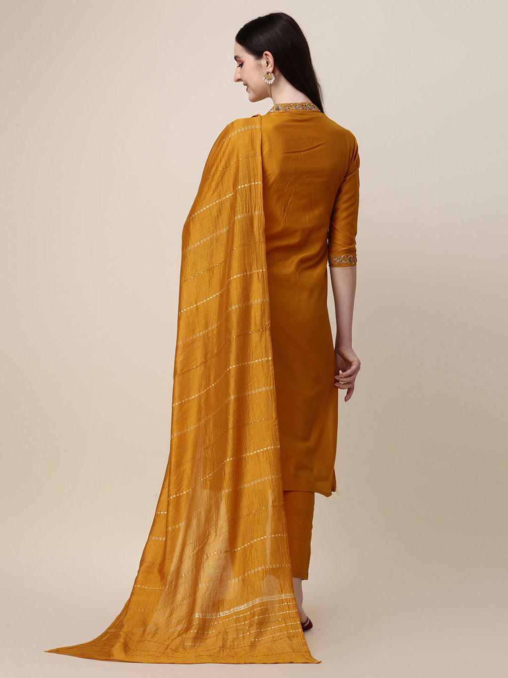 Embroidered Mandarin Collar Kurta With Pant And Dupatta Set, Multicolor - Hiral Fashion | Grocsy