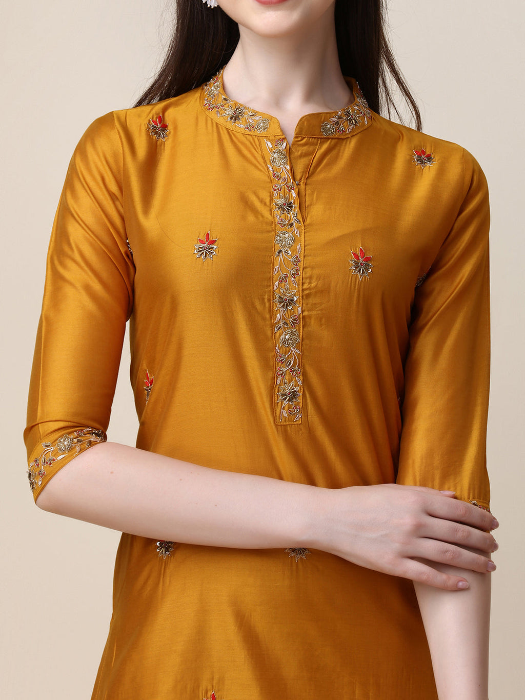 Embroidered Mandarin Collar Kurta With Pant And Dupatta Set, Multicolor - Hiral Fashion | Grocsy