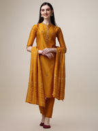Embroidered Mandarin Collar Kurta With Pant And Dupatta Set, Multicolor - Hiral Fashion | Grocsy