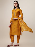 Embroidered Mandarin Collar Kurta With Pant And Dupatta Set, Multicolor - Hiral Fashion | Grocsy