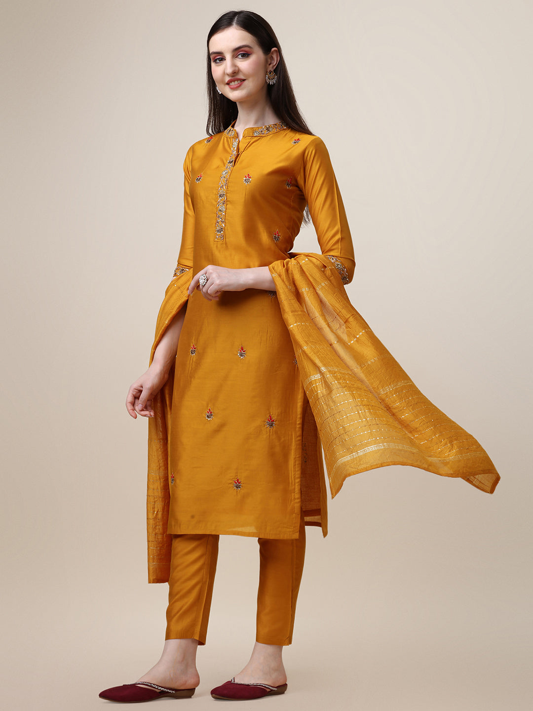 Embroidered Mandarin Collar Kurta With Pant And Dupatta Set, Multicolor - Hiral Fashion | Grocsy