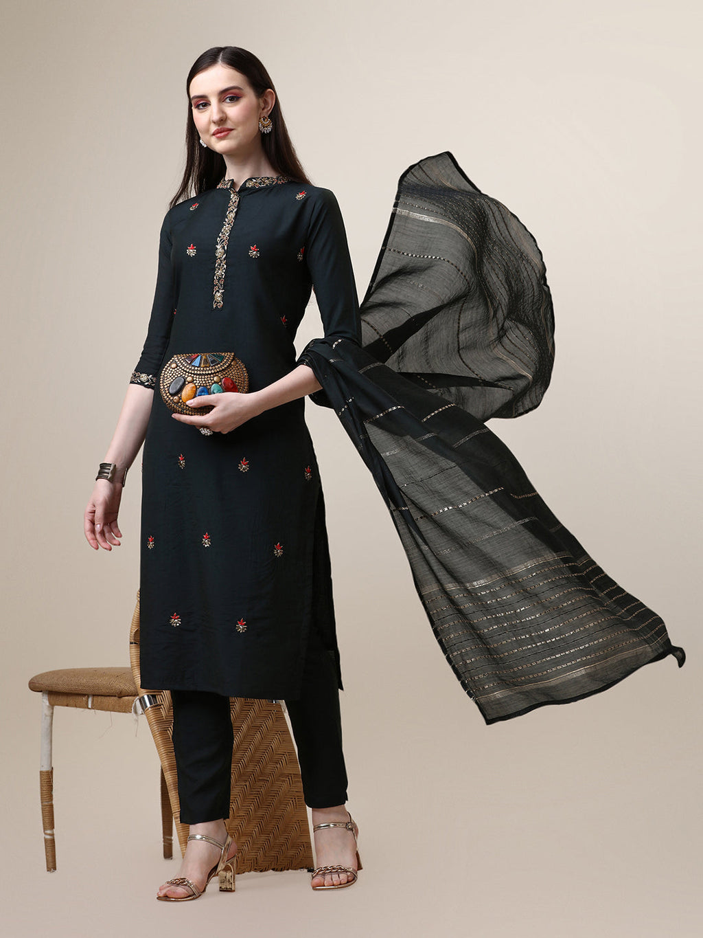 Embroidered Mandarin Collar Kurta With Pant And Dupatta Set, Multicolor - Hiral Fashion | Grocsy