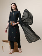 Embroidered Mandarin Collar Kurta With Pant And Dupatta Set, Multicolor - Hiral Fashion | Grocsy