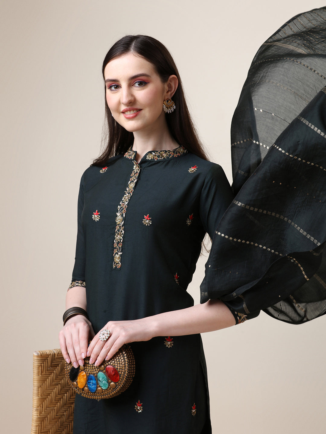 Embroidered Mandarin Collar Kurta With Pant And Dupatta Set, Multicolor - Hiral Fashion | Grocsy