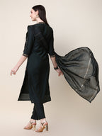 Embroidered Mandarin Collar Kurta With Pant And Dupatta Set, Multicolor - Hiral Fashion | Grocsy