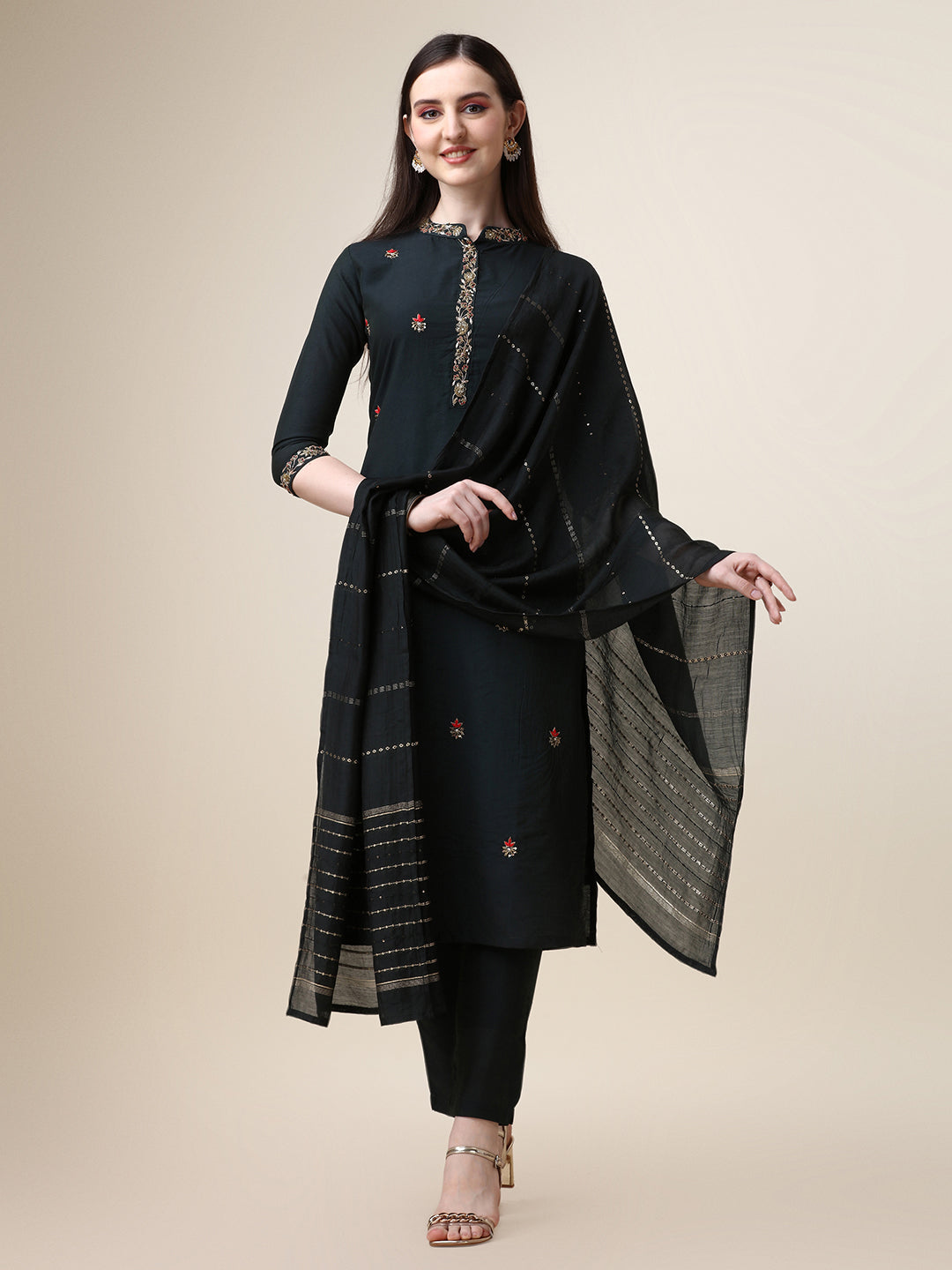 Embroidered Mandarin Collar Kurta With Pant And Dupatta Set, Multicolor - Hiral Fashion | Grocsy