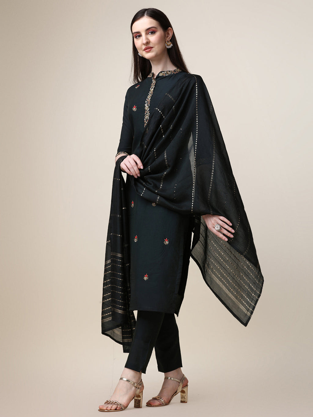 Embroidered Mandarin Collar Kurta With Pant And Dupatta Set, Multicolor - Hiral Fashion | Grocsy