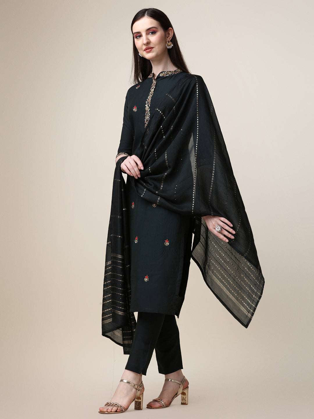 Embroidered Mandarin Collar Kurta With Pant And Dupatta Set, Multicolor - Hiral Fashion | Grocsy