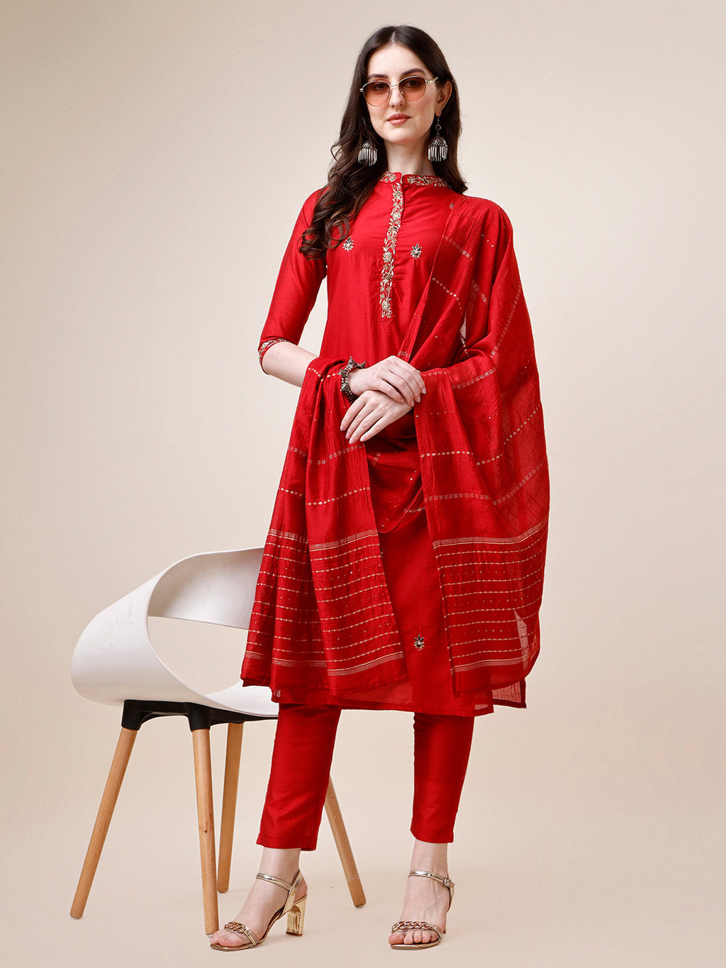 Embroidered Mandarin Collar Kurta With Pant And Dupatta Set, Multicolor - Hiral Fashion | Grocsy