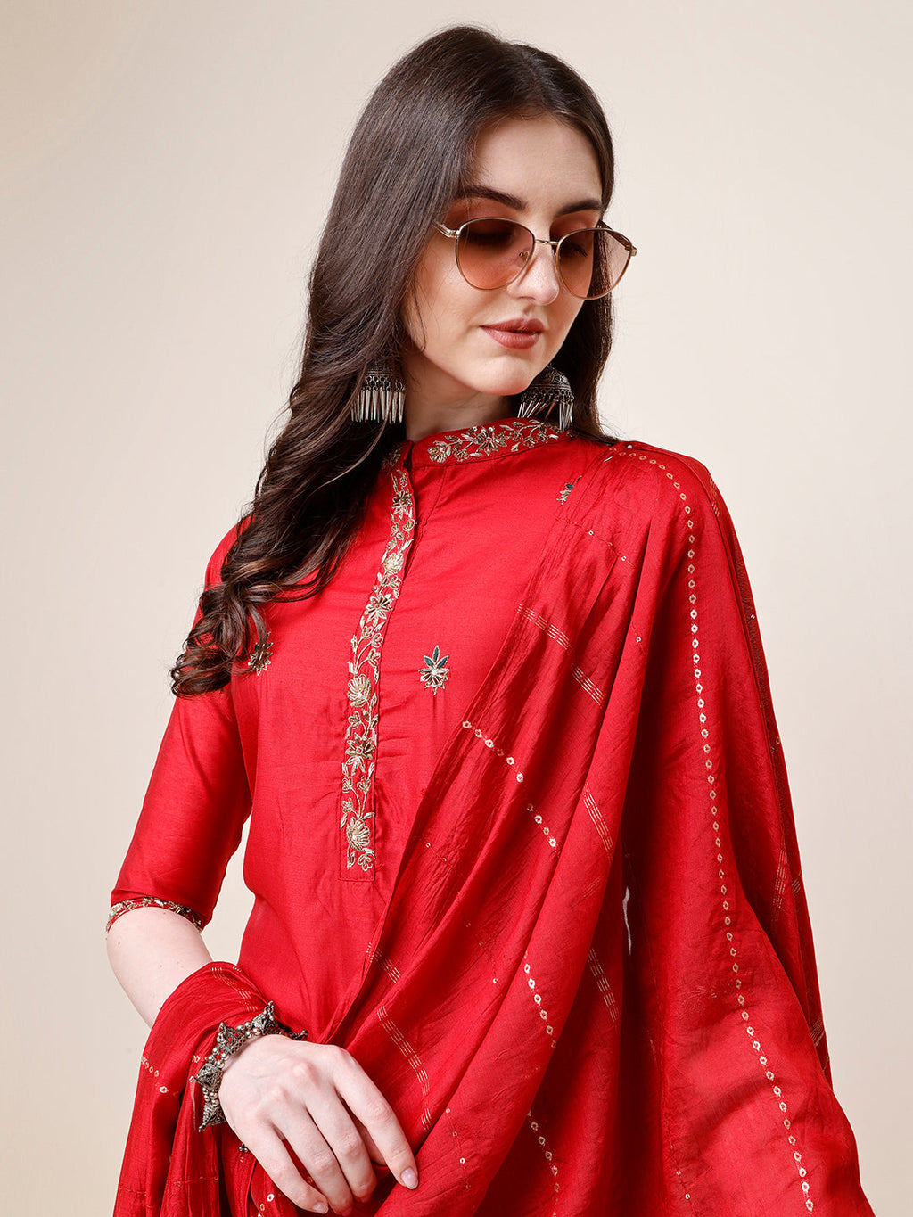 Embroidered Mandarin Collar Kurta With Pant And Dupatta Set, Multicolor - Hiral Fashion | Grocsy