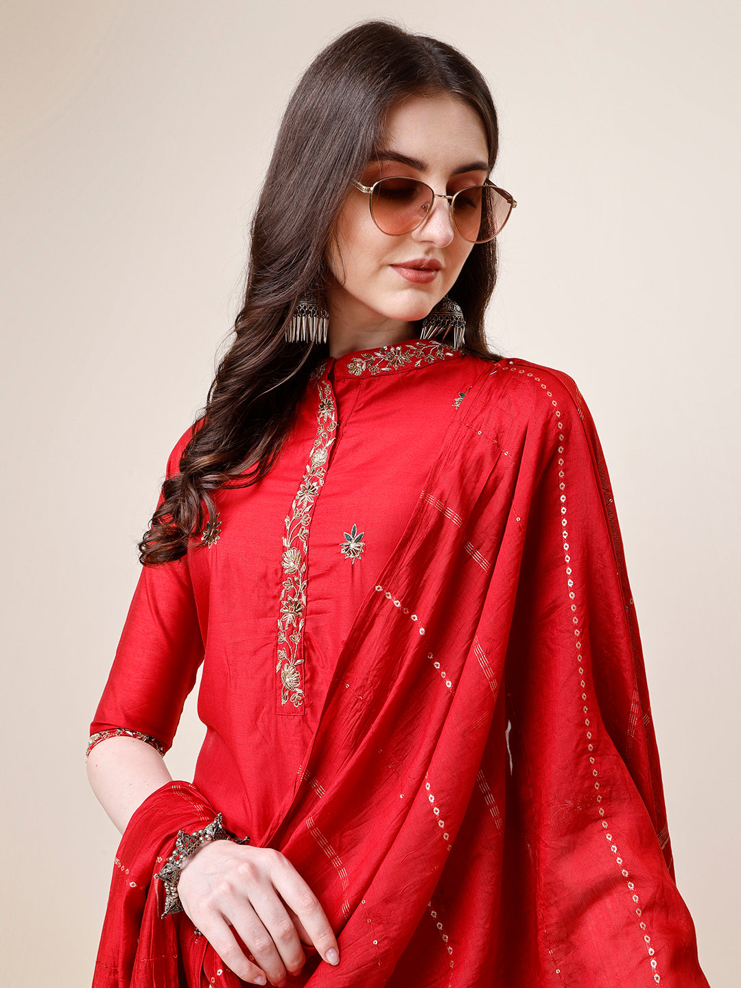 Embroidered Mandarin Collar Kurta With Pant And Dupatta Set, Multicolor - Hiral Fashion | Grocsy