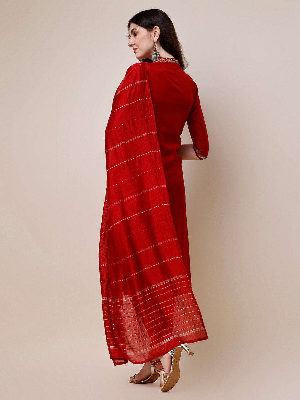 Embroidered Mandarin Collar Kurta With Pant And Dupatta Set, Multicolor - Hiral Fashion | Grocsy
