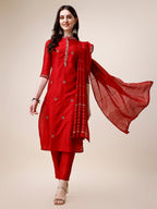 Embroidered Mandarin Collar Kurta With Pant And Dupatta Set, Multicolor - Hiral Fashion | Grocsy