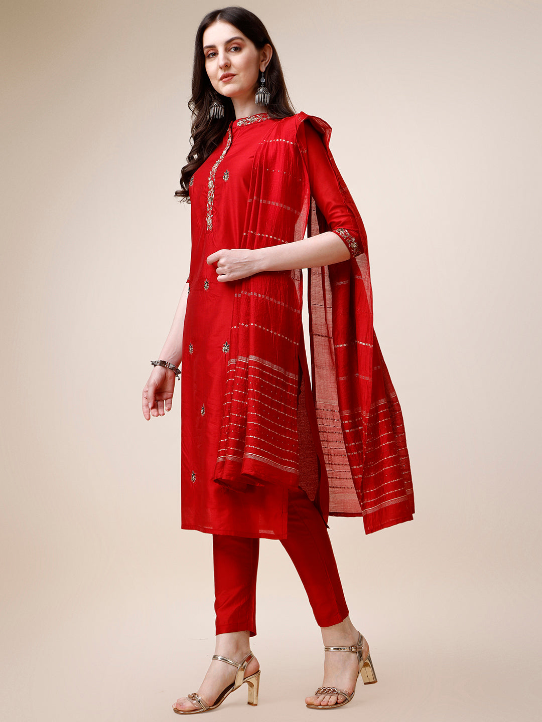 Embroidered Mandarin Collar Kurta With Pant And Dupatta Set, Multicolor - Hiral Fashion | Grocsy