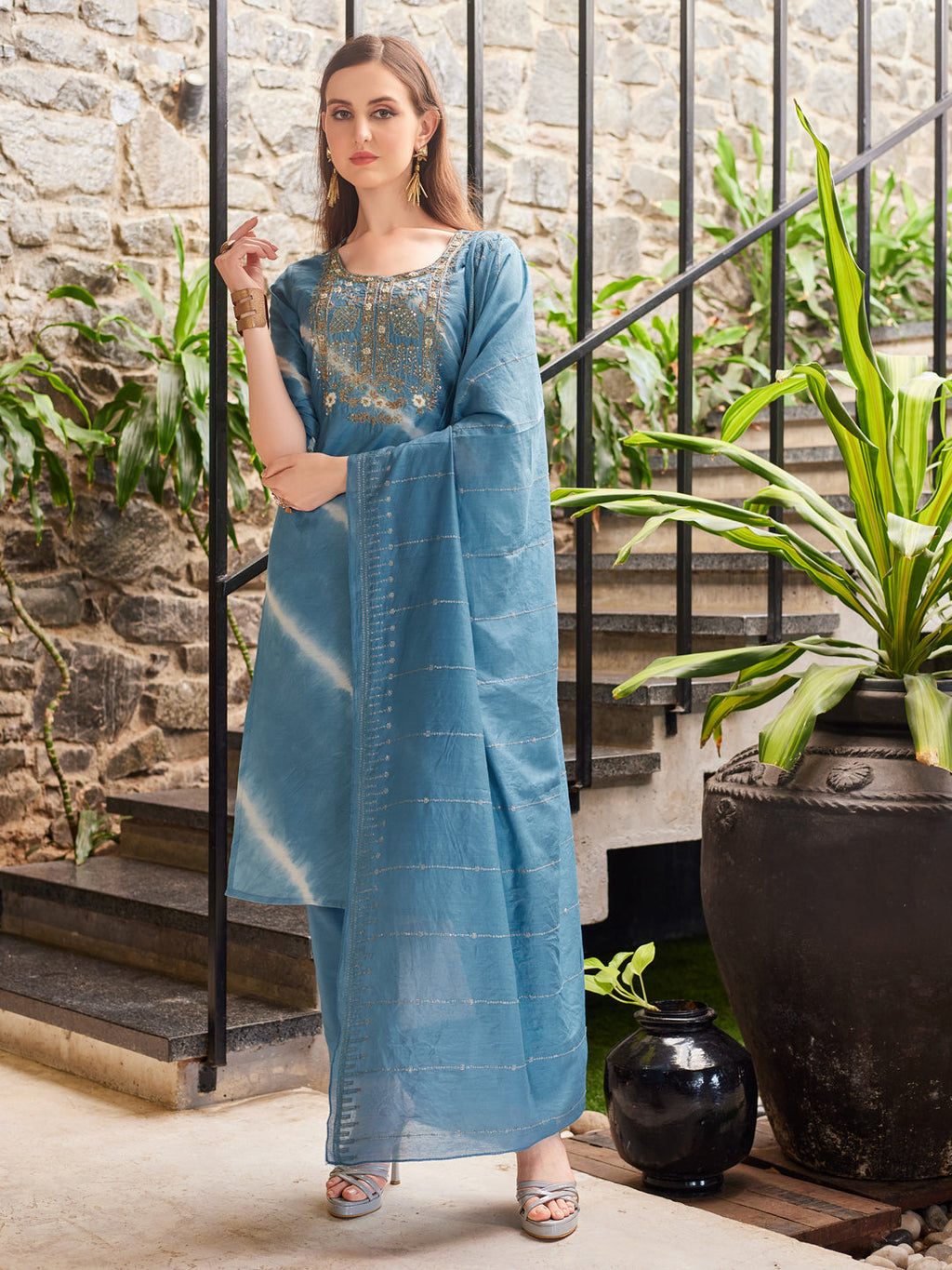 Leheriya Printed & Embroidered Kurta With Pant & Dupatta, Multicolor - Hiral Fashion | Grocsy
