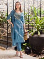 Leheriya Printed & Embroidered Kurta With Pant & Dupatta, Multicolor - Hiral Fashion | Grocsy