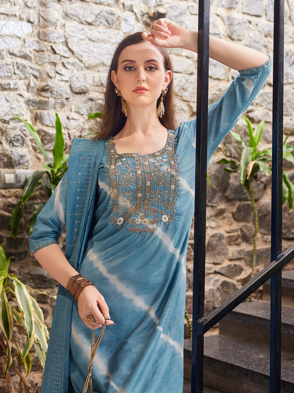 Leheriya Printed & Embroidered Kurta With Pant & Dupatta, Multicolor - Hiral Fashion | Grocsy
