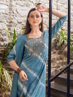 Leheriya Printed & Embroidered Kurta With Pant & Dupatta, Multicolor - Hiral Fashion | Grocsy