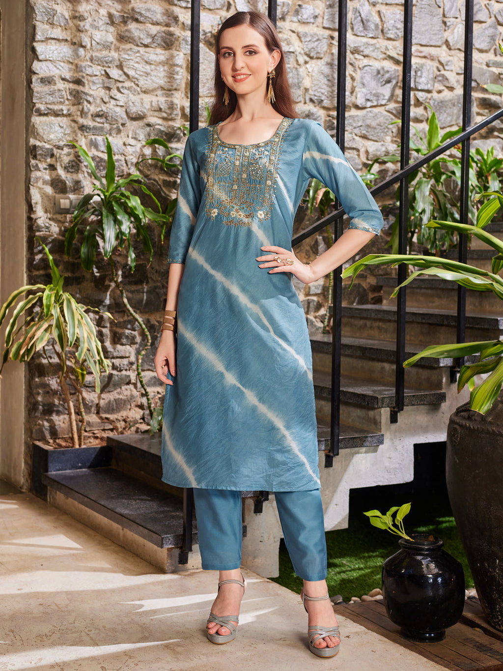 Leheriya Printed & Embroidered Kurta With Pant & Dupatta, Multicolor - Hiral Fashion | Grocsy