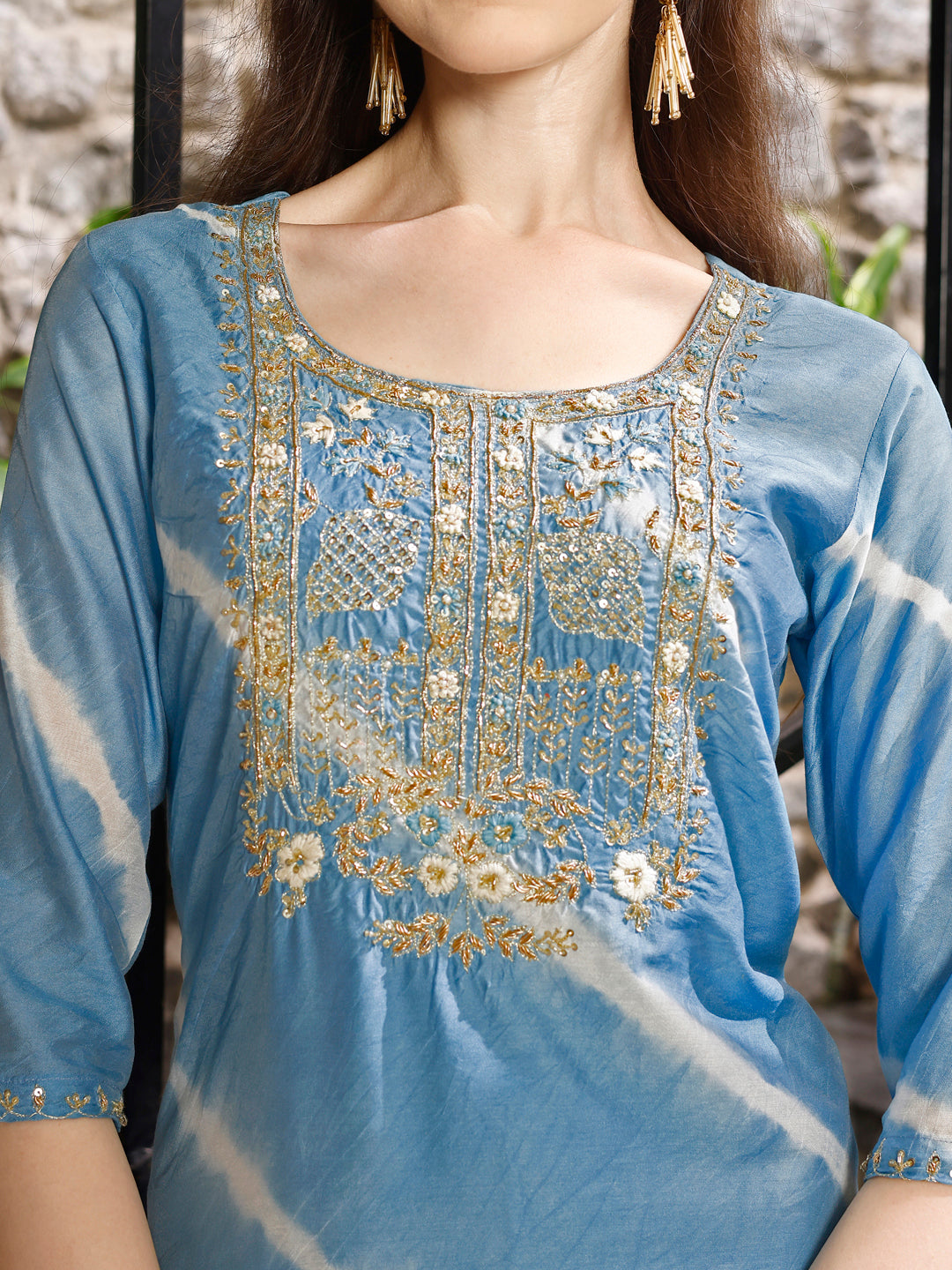 Leheriya Printed & Embroidered Kurta With Pant & Dupatta, Multicolor - Hiral Fashion | Grocsy