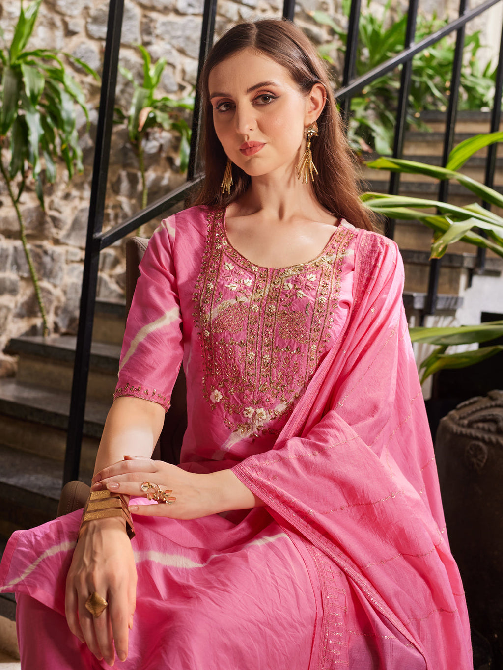 Leheriya Printed Embroidered Kurta With Pant & Dupatta, Multicolor - Hiral Fashion | Grocsy