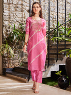 Leheriya Printed Embroidered Kurta With Pant & Dupatta, Multicolor - Hiral Fashion | Grocsy
