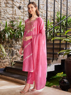 Leheriya Printed Embroidered Kurta With Pant & Dupatta, Multicolor - Hiral Fashion | Grocsy