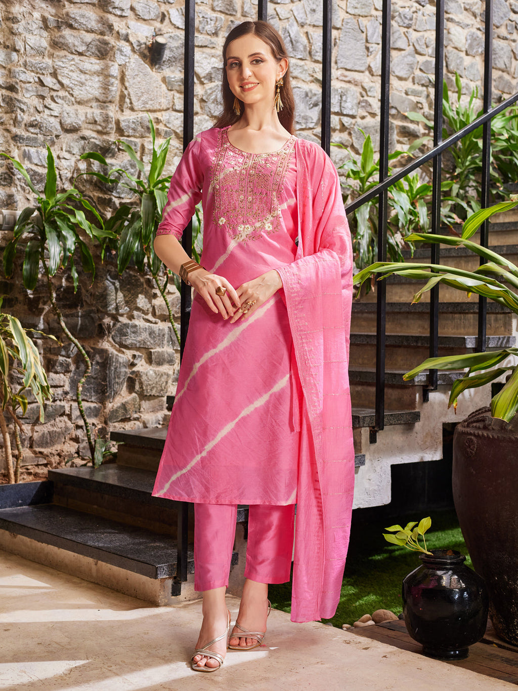 Leheriya Printed Embroidered Kurta With Pant & Dupatta, Multicolor - Hiral Fashion | Grocsy