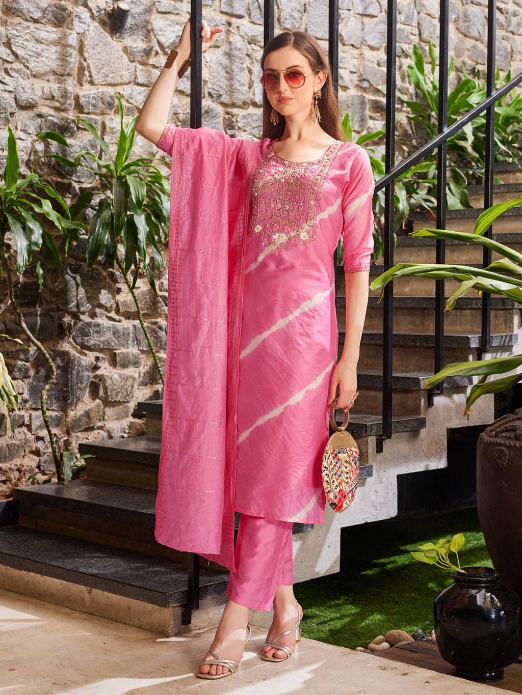Leheriya Printed Embroidered Kurta With Pant & Dupatta, Multicolor - Hiral Fashion | Grocsy
