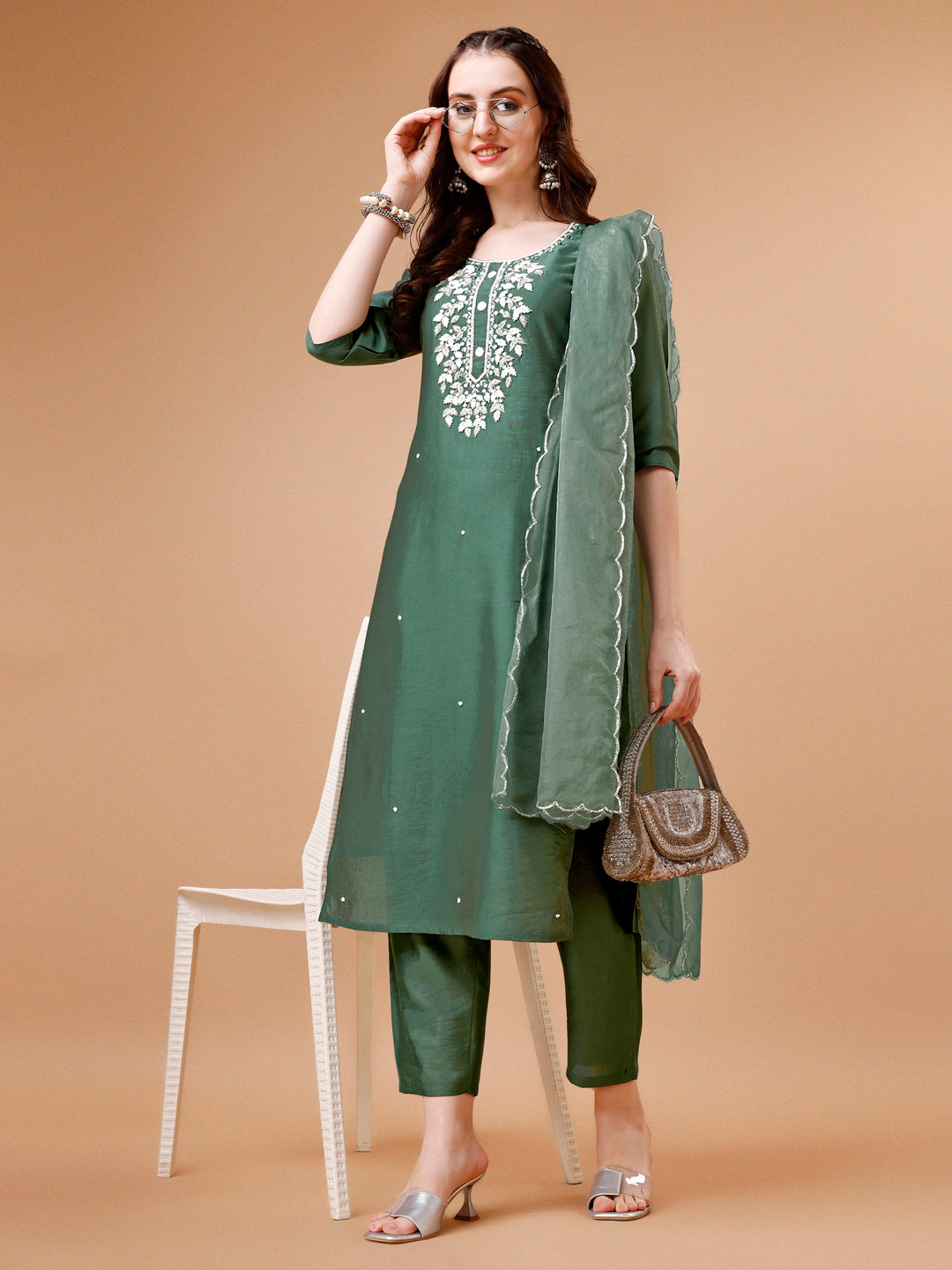Hand Beads Embroidered Kurta With Pant & Dupatta, Multicolor - Hiral Fashion | Grocsy