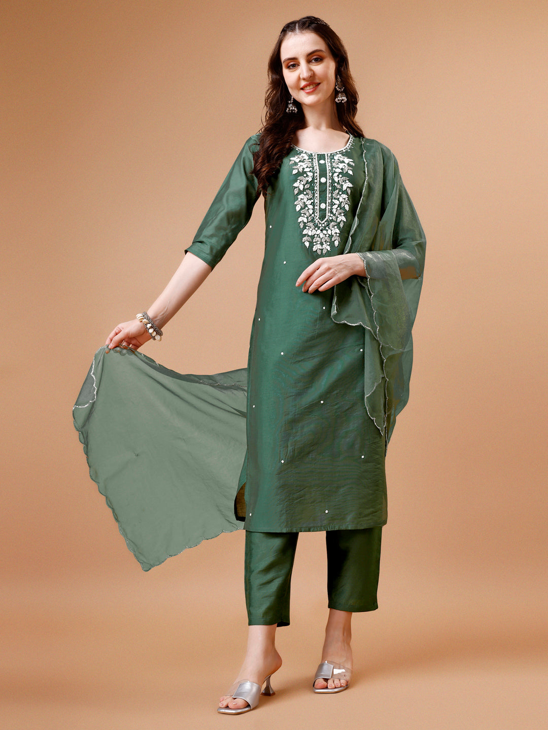 Hand Beads Embroidered Kurta With Pant & Dupatta, Multicolor - Hiral Fashion | Grocsy