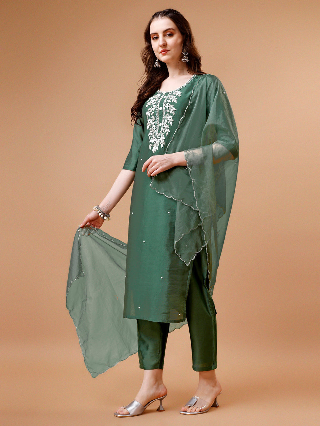 Hand Beads Embroidered Kurta With Pant & Dupatta, Multicolor - Hiral Fashion | Grocsy