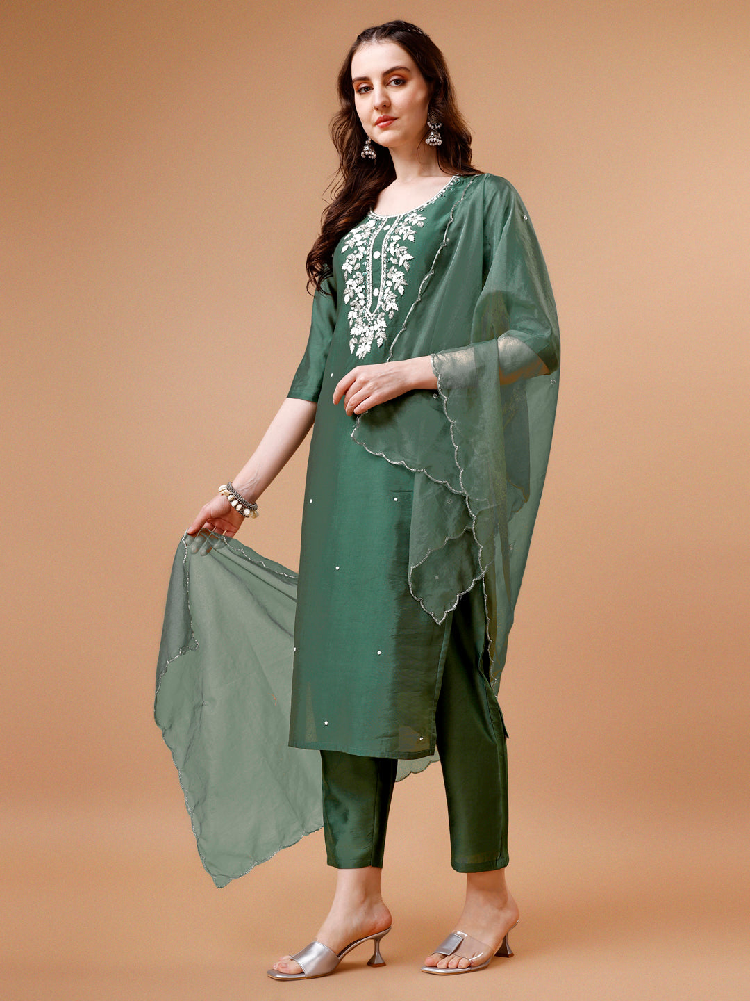 Hand Beads Embroidered Kurta With Pant & Dupatta, Multicolor - Hiral Fashion | Grocsy