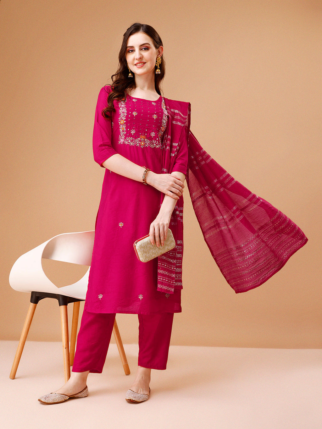 Hand Embroidered Kurta With Pant & Dupatta, Multicolor - Hiral Fashion | Grocsy