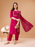 Hand Embroidered Kurta With Pant & Dupatta, Multicolor - Hiral Fashion | Grocsy
