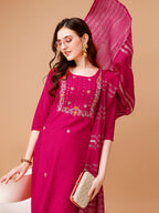 Hand Embroidered Kurta With Pant & Dupatta, Multicolor - Hiral Fashion | Grocsy