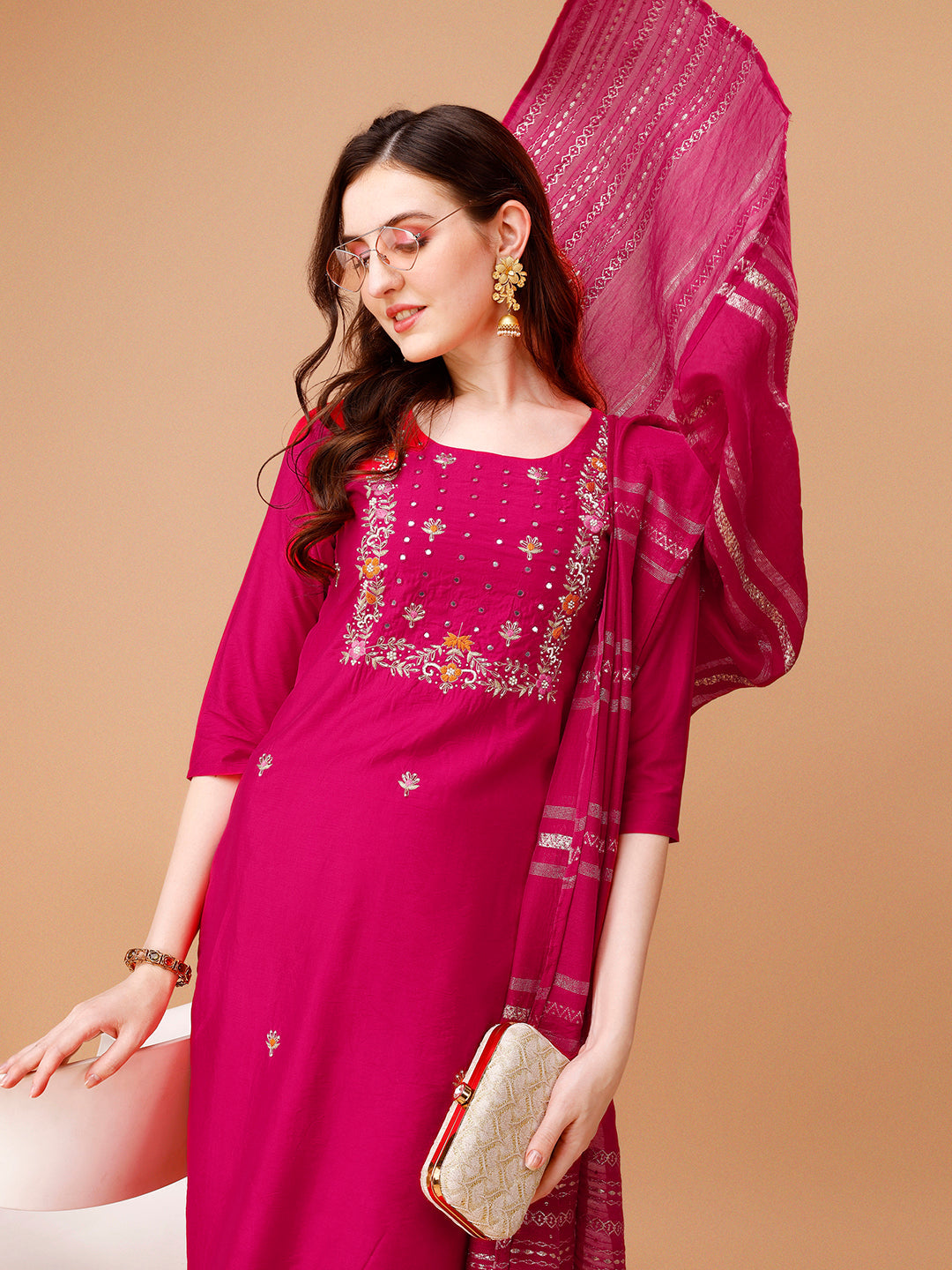 Hand Embroidered Kurta With Pant & Dupatta, Multicolor - Hiral Fashion | Grocsy