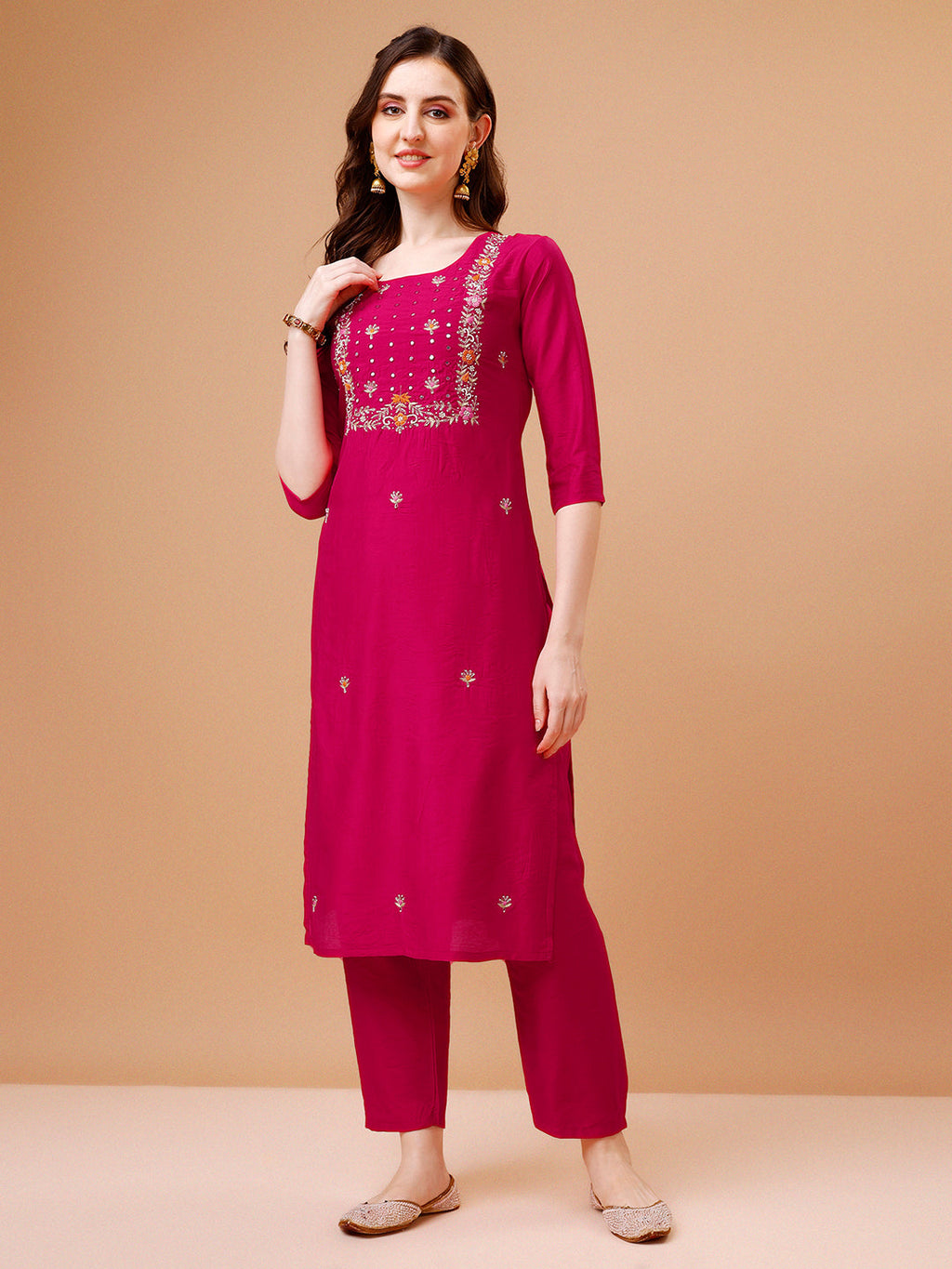 Hand Embroidered Kurta With Pant & Dupatta, Multicolor - Hiral Fashion | Grocsy