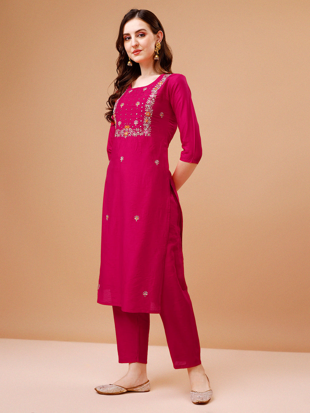 Hand Embroidered Kurta With Pant & Dupatta, Multicolor - Hiral Fashion | Grocsy