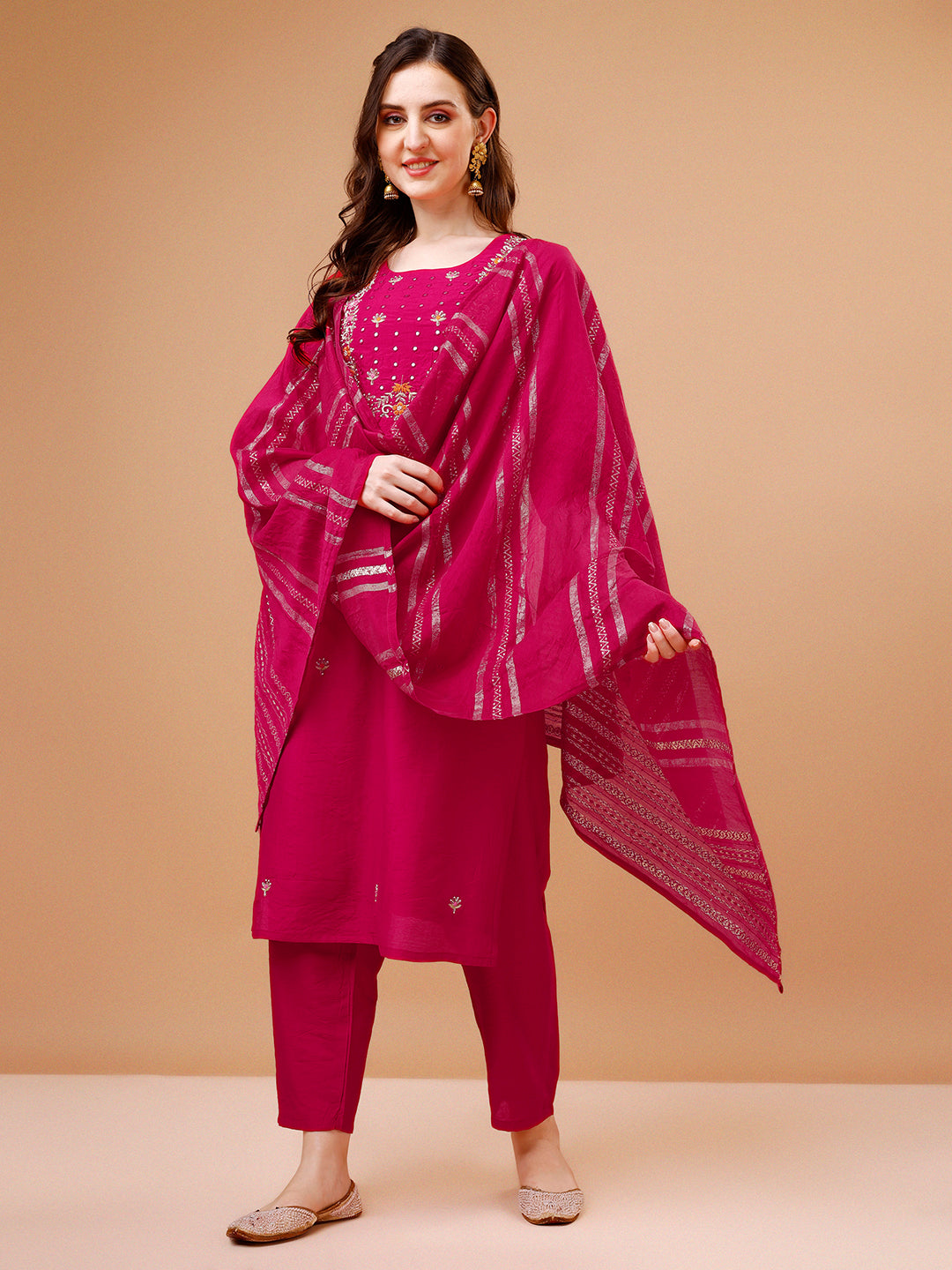 Hand Embroidered Kurta With Pant & Dupatta, Multicolor - Hiral Fashion | Grocsy