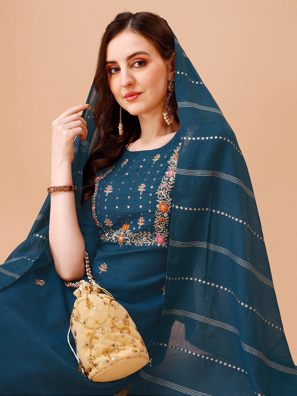 Hand Embroidered Kurta With Pant & Dupatta, Multicolor - Hiral Fashion | Grocsy